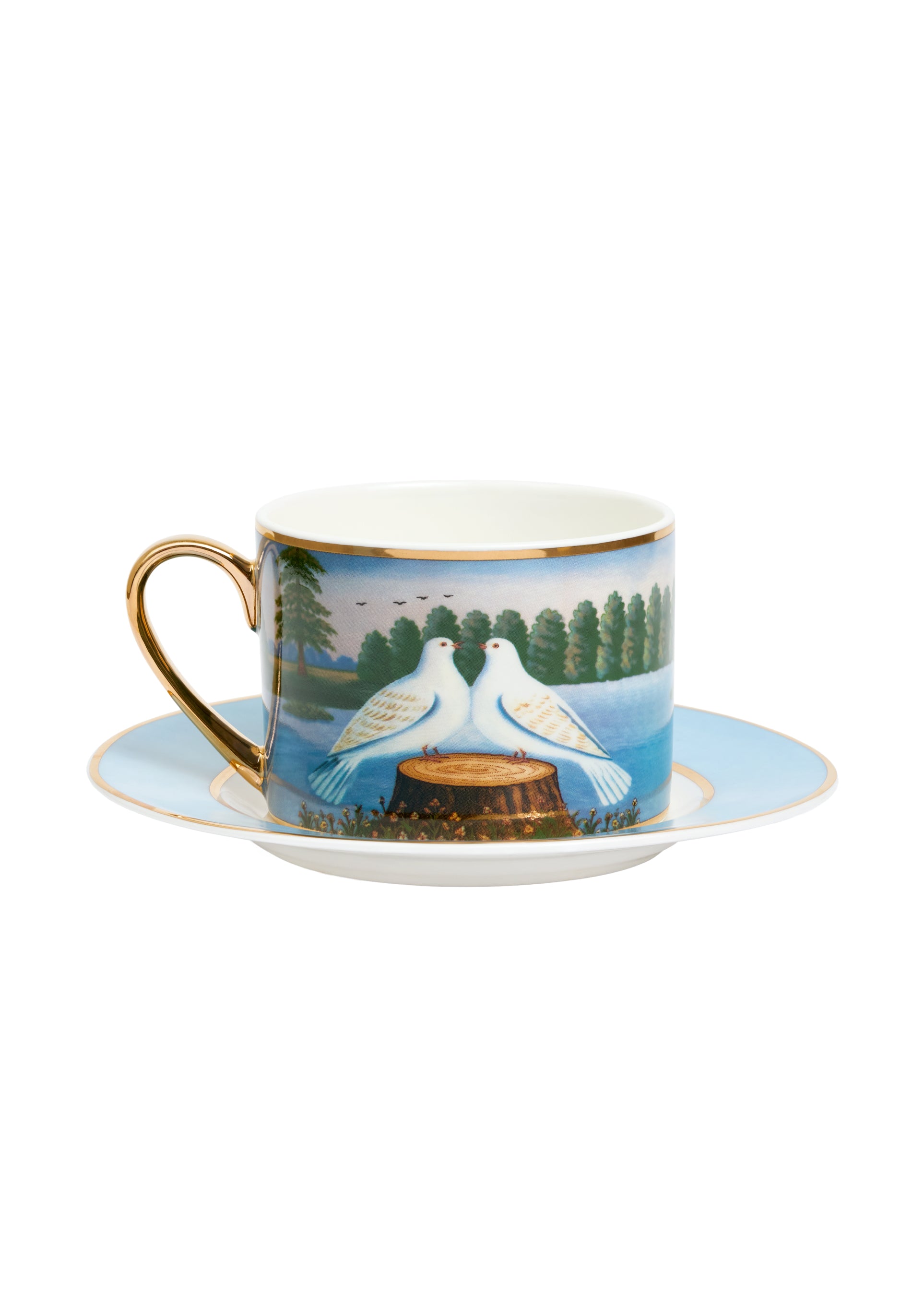 GUNIA X Assouline cup and saucer with painted white birds and gilded details